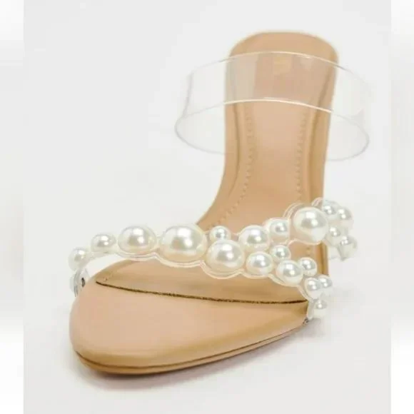 Zara | Shoes | Zara Heeled Vinyl Sandals With Faux Pearls
